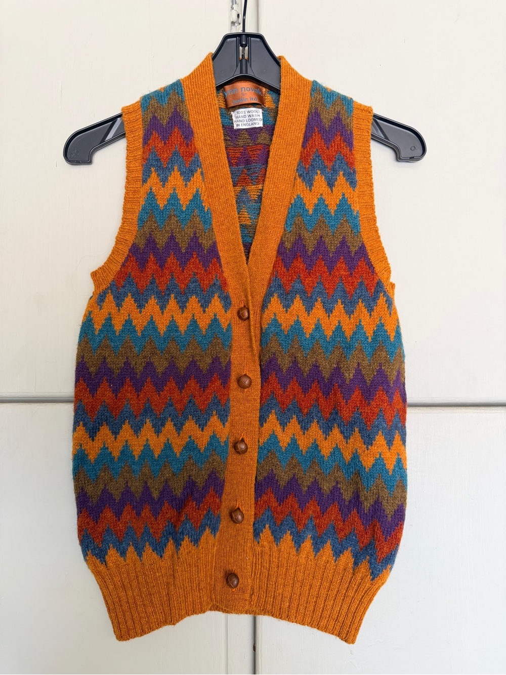 Lynn Novak for Justin Ltd Hand Loomed England 100% Wool Chevron Sweater Vest